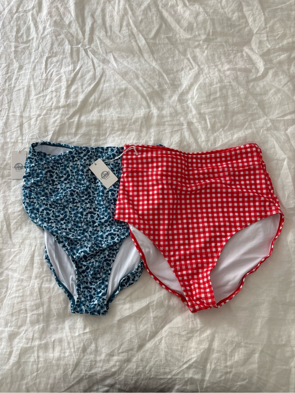 Two-Piece Women’s High-Waist Swim Bottoms - Red Gingham & Blue Floral